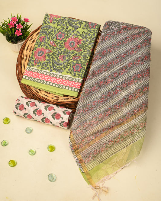 Hand Block Print Organic Cotton suit With Kota Doriya Dupatta