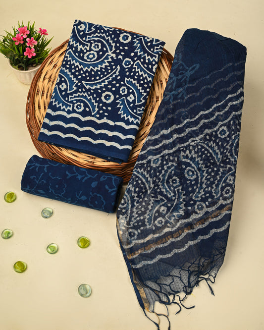 Bagru Hand Printed Organic Cotton Suit With Kota Doria Dupatta