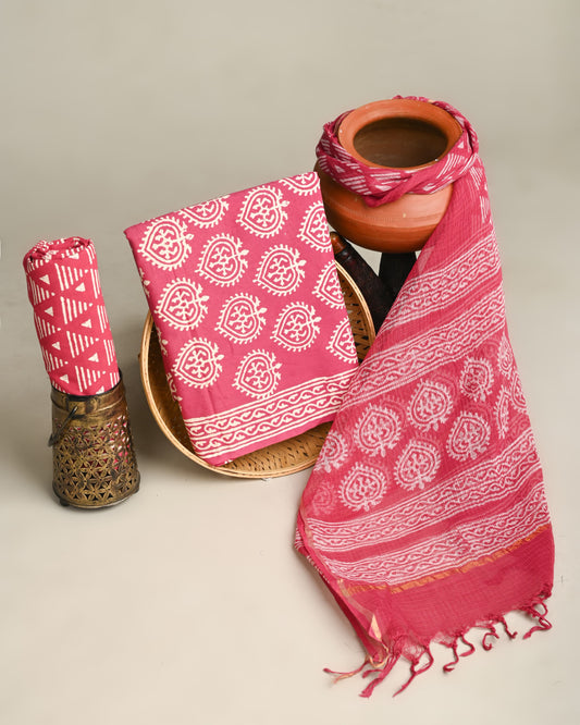 Pink Hand Block Printed Pure Cotton Suit With Kota Doria Dupatta