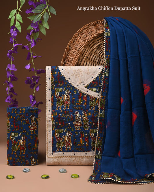 Sanganeri Print Cotton Gota Patti Work Suit With Chiffon Dupatta
