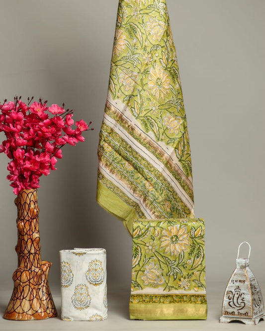 Hand Block Printed  Maheshwari Silk Suit Set