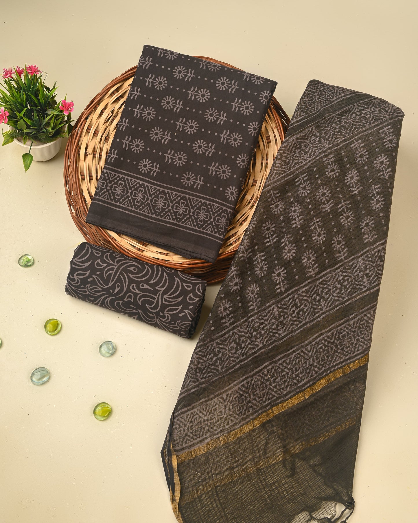 Hand Block Print Black Cotton Suit With Kota Doria Dupatta