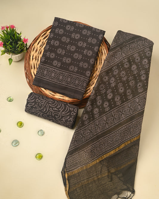 Hand Block Print Black Cotton Suit With Kota Doria Dupatta