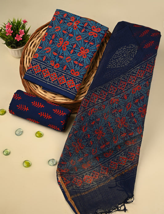 Premium Hand Block Print Cotton Suit With Kota Doria Dupatta