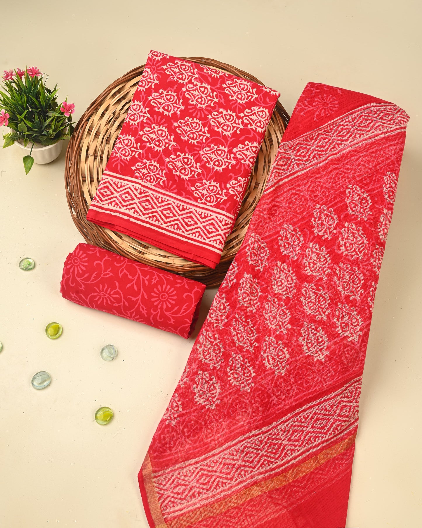 Hand Block Print Organic Cotton Suit With Kota Doria Dupatta
