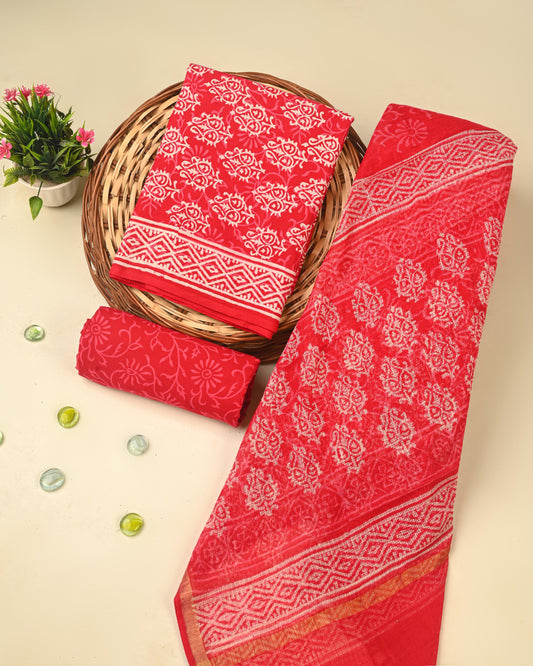 Hand Block Print Organic Cotton Suit With Kota Doria Dupatta