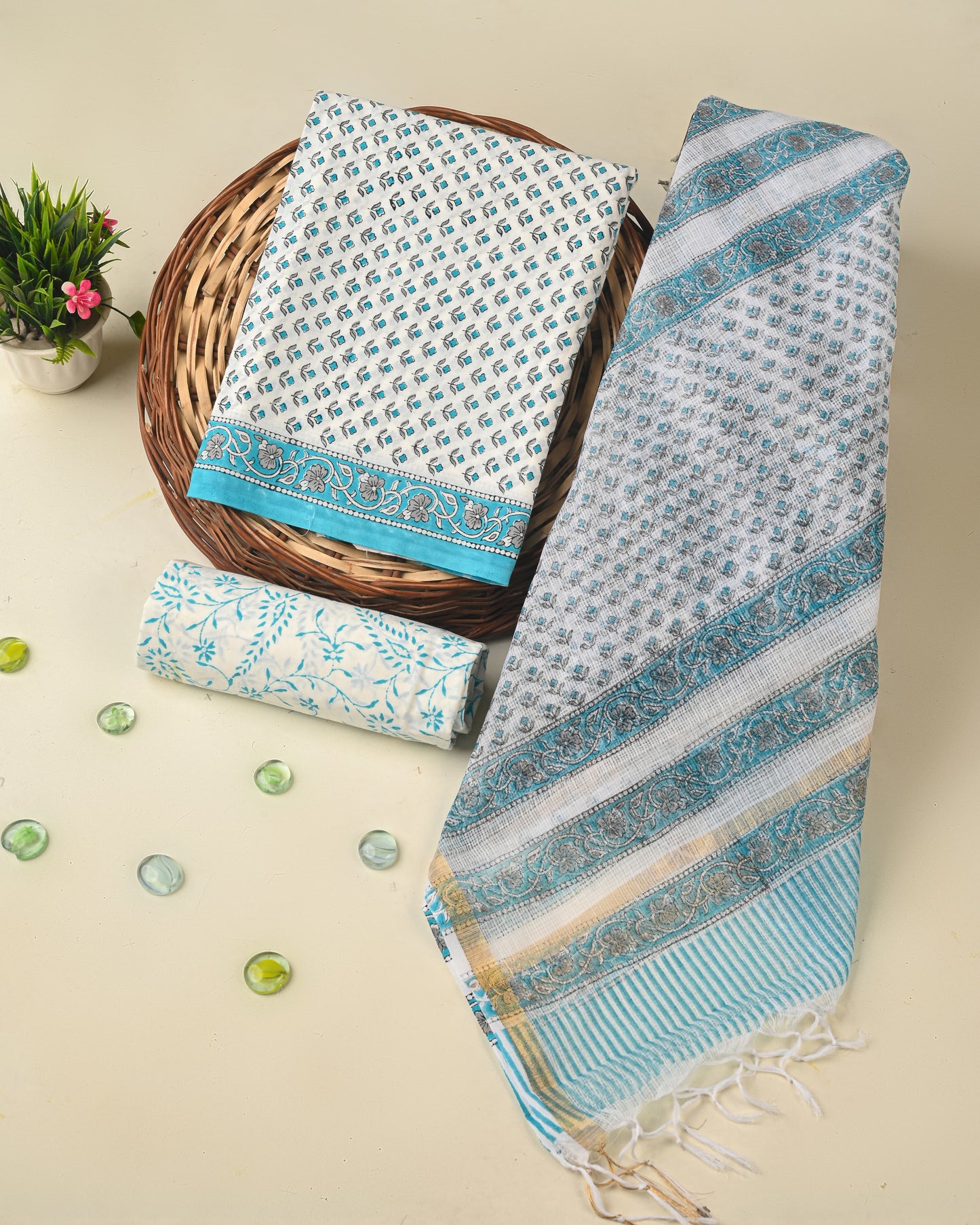 Premium Hand Printed Cotton Suit With Kota Doria Dupatta