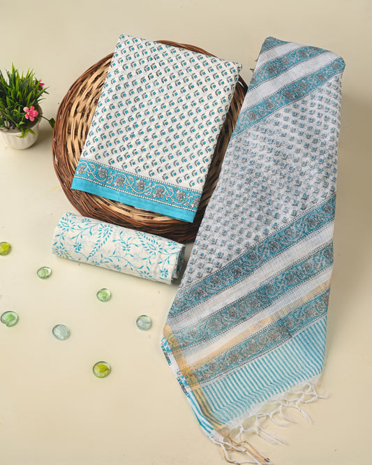 Premium Hand Printed Cotton Suit With Kota Doria Dupatta