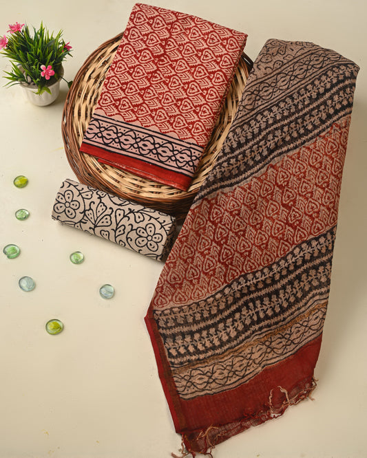Bagru Hand Block Print Cotton Suit With Kota Doria Dupatta