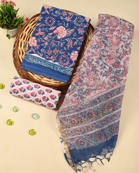 Exclusive Hand Block Printed Cotton Suit With Kota doria Dupatta
