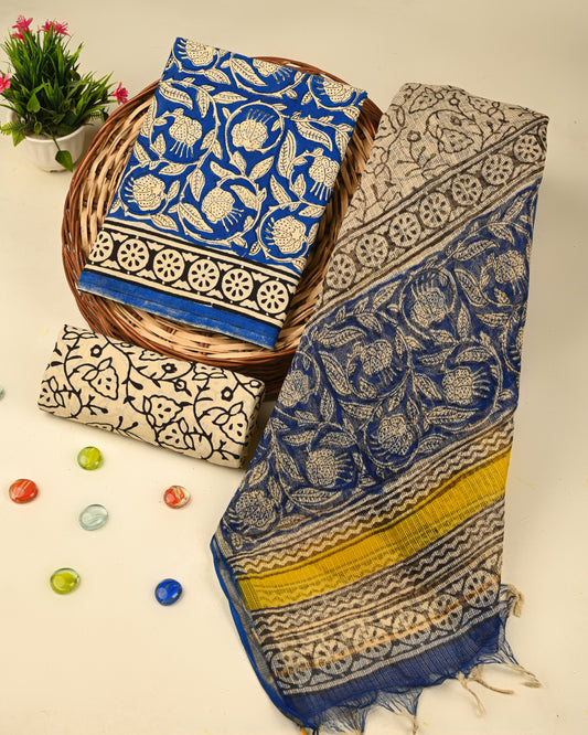 Exclusive Hand Block Printed Cotton Suit With Kota Doria Dupatta