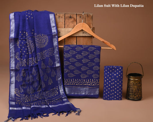 Hand Block Print Lilen Suit With Lilen Dupatta