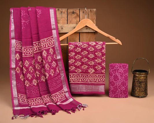 Bagru Hand block Printed Lilen Suit With Lilne Dupatta