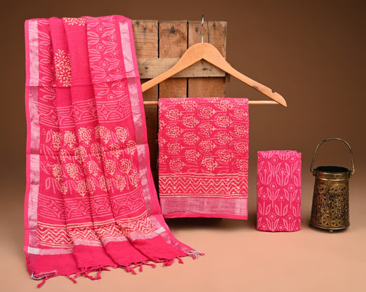 Hand Block Printed Lilen Suit With Lilen Dupatta