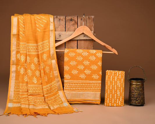 Hand Block Print Orange Lilen Suit With Lilen Dupatta