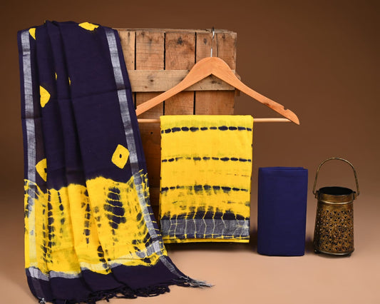 Blue & Yellow Hand Block Print Lilen Suit With Lilen Dupatta