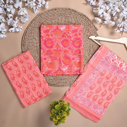 Hand Block Print Pink Cotton Suit With Mulmul Dupatta