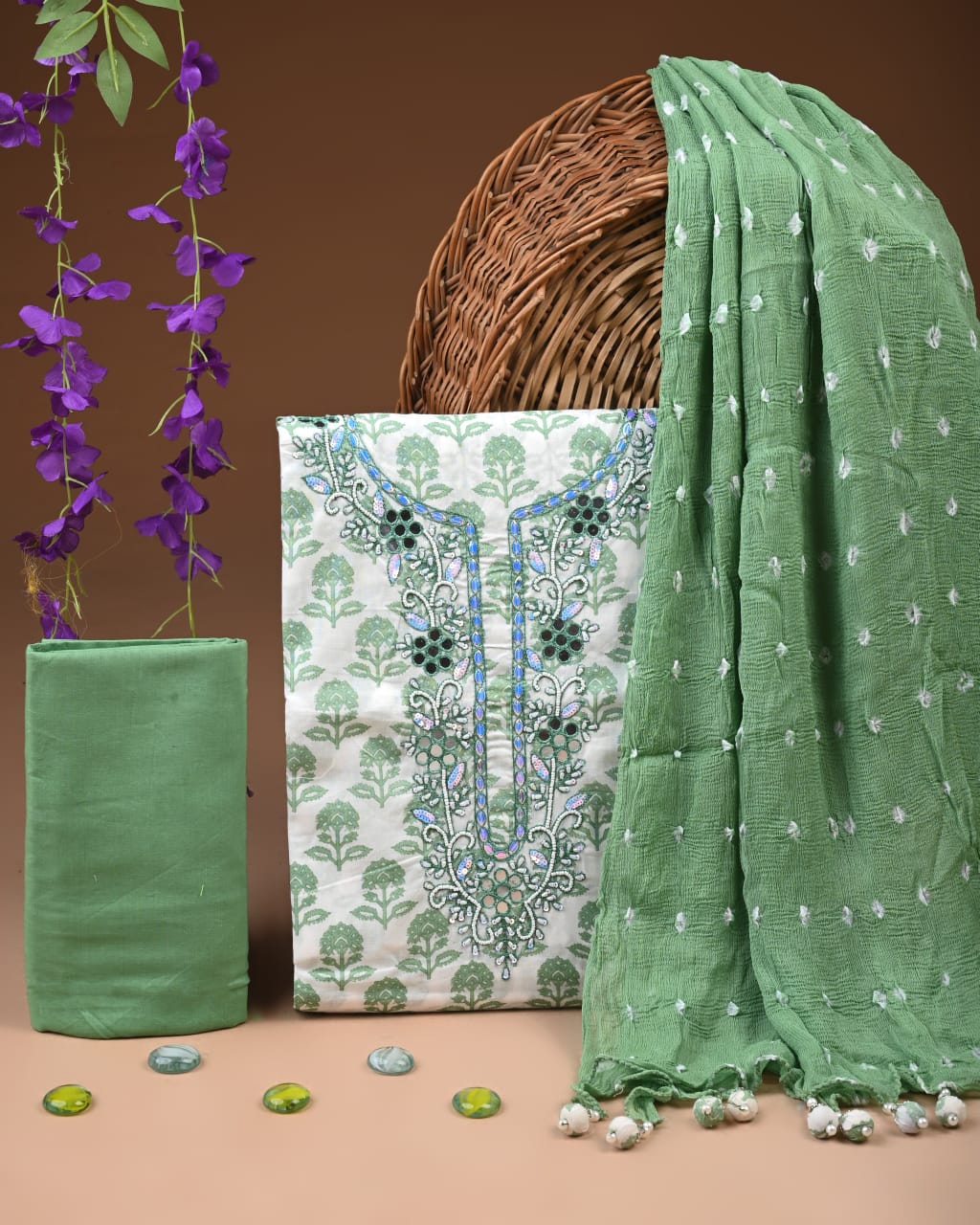 Natural Cotton Gota Patti Work Suit With Chiffon Dupatta
