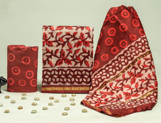 Exclusive Hand Block Printed Red Chanderi Silk Suit