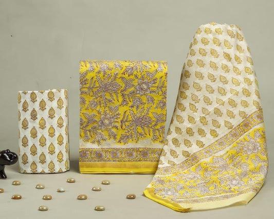 Yellow Hand Block Print Chanderi Silk Suit Set