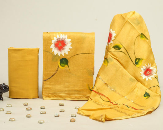 Yellow Hand Print Chanderi Silk Suit set