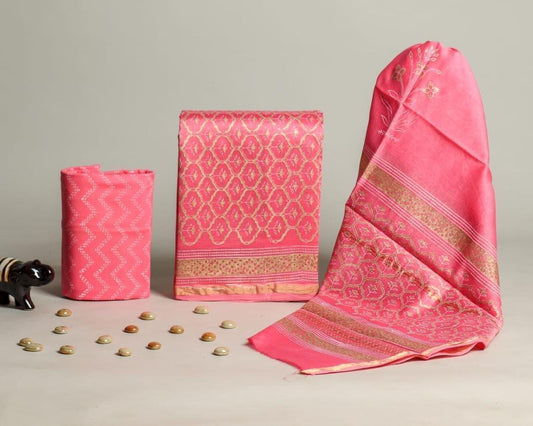 Pink Hand Block Print Chanderi Silk Suit Set