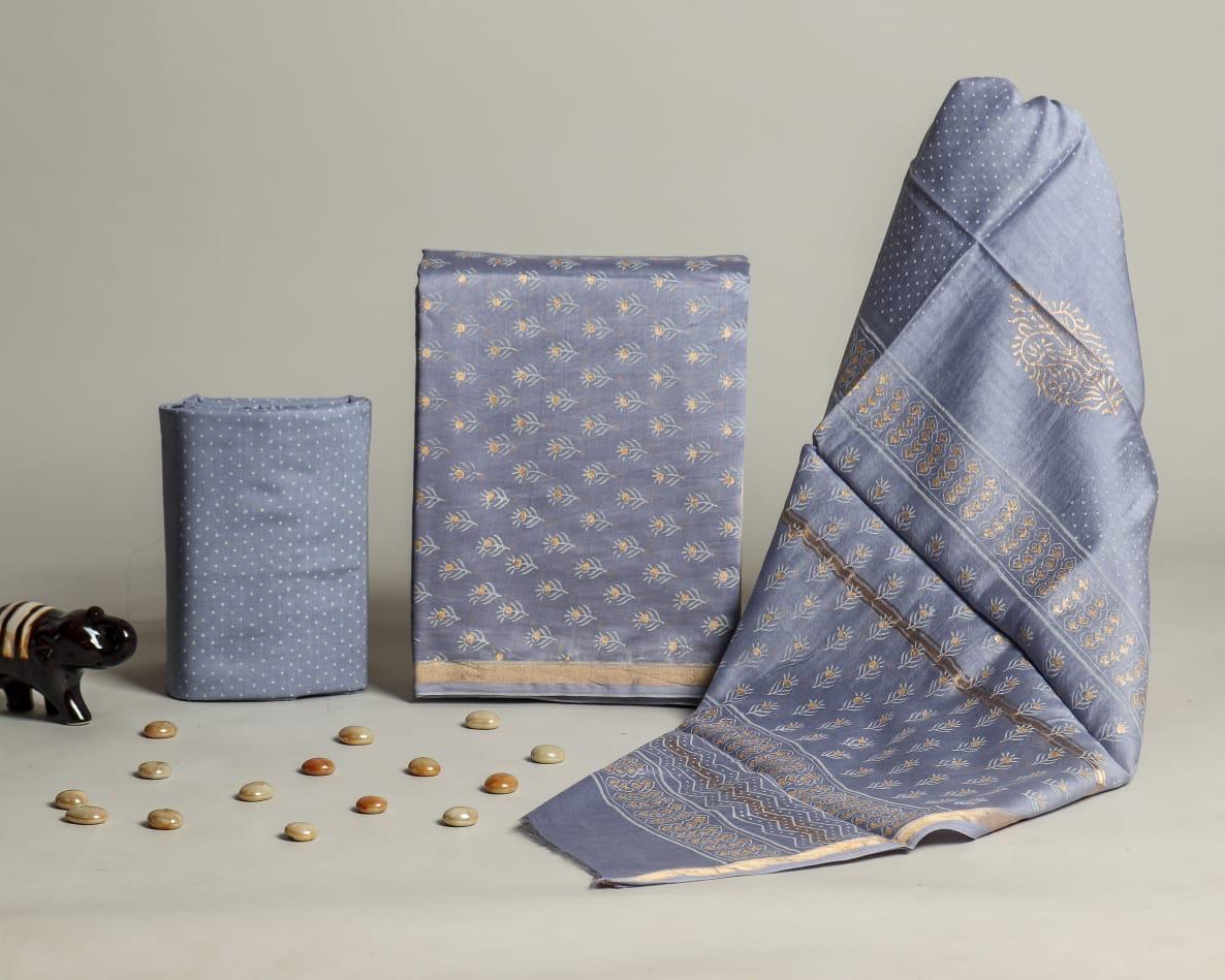 Exclusive Hand Prints Chanderi Silk Suit Set