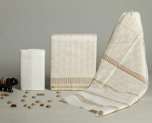 Hand Block Print Chanderi silk White Suit Set