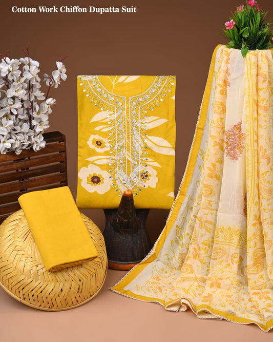 Soft Cotton Gota Patti Work Suit With Chiffon Dupatta