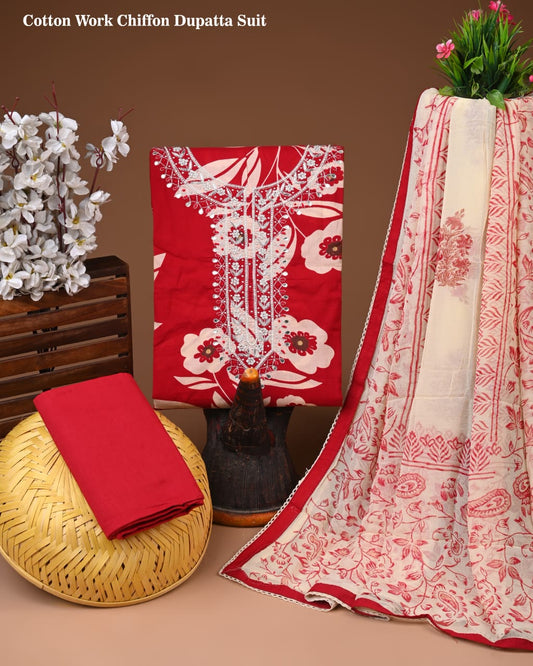 Organic Cotton Gota Patti Work Suit With Chiffon Dupatta