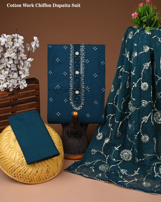 Pure Cotton Gota Patti Work Suit With Chiffon Dupatta