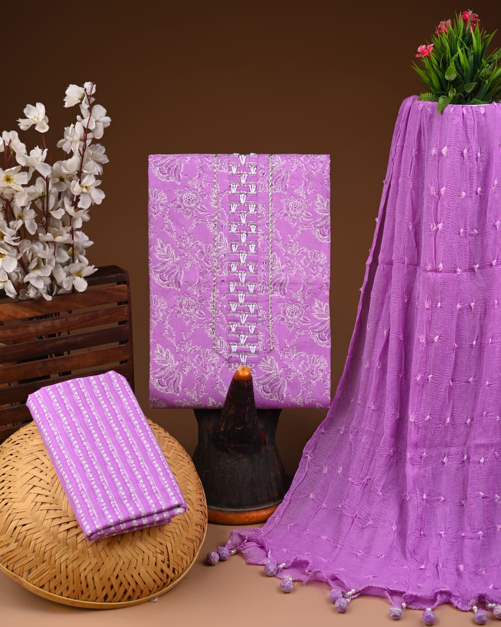 Soft Cotton Gota Patti Work Suit With Chiffon Dupatta