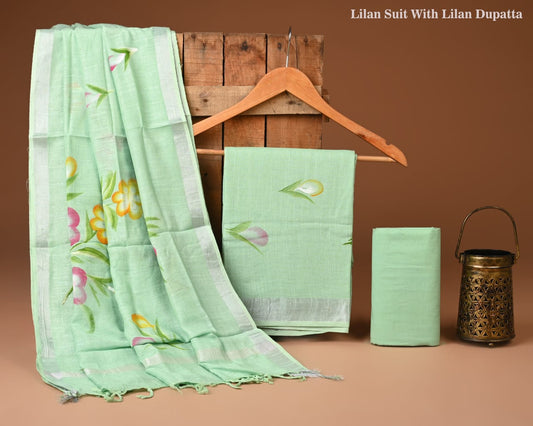 Premium Hand Print Lilen Suit With Lilen Dupatta