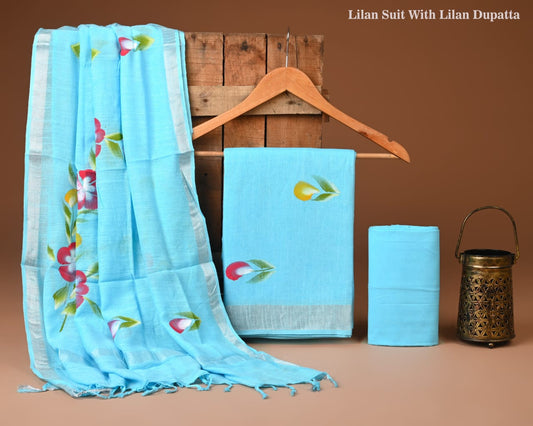 Exclusive Hand Print Lilen Suit With Lilen Dupatta
