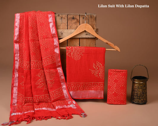 Hand Block Print Lilen Suit With Lilen Dupatta
