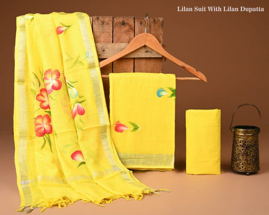 Yellow Hand Block Print Lilen Suit Set