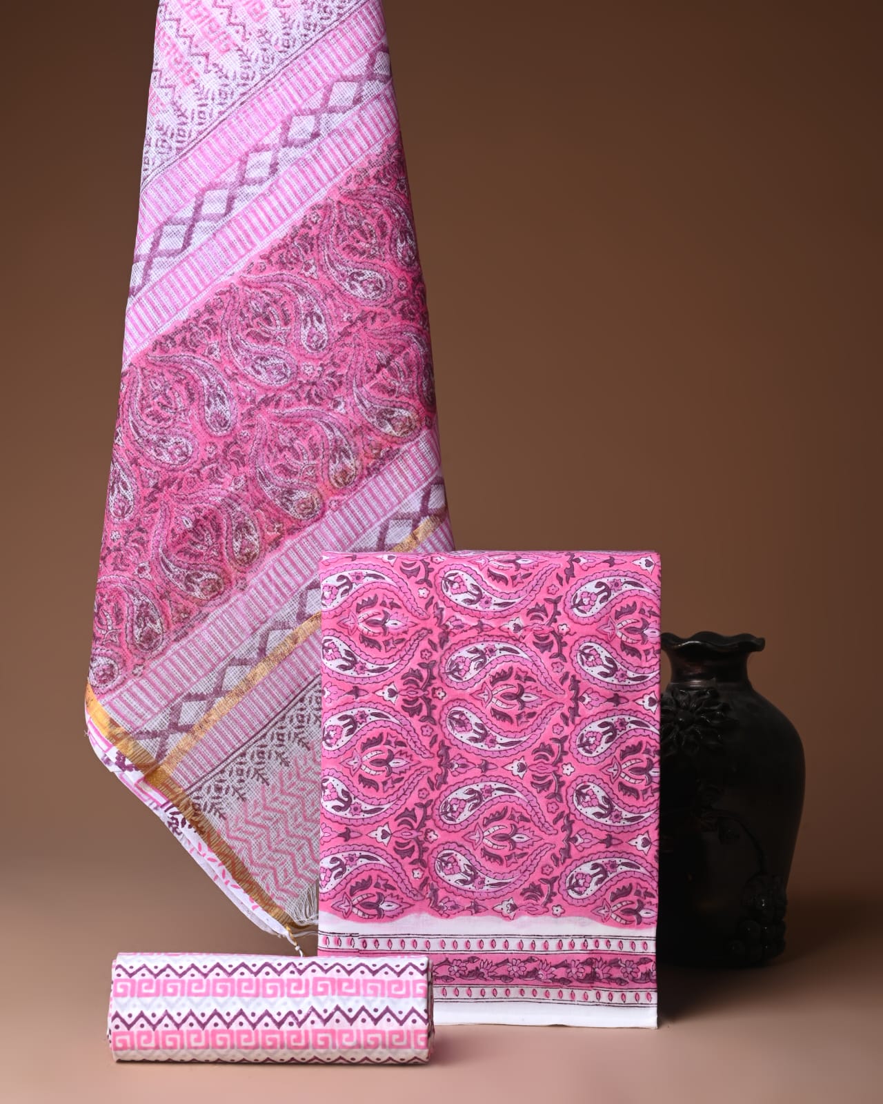 Pink Hand Block Print Cotton Suit With Kota Doria Dupatta