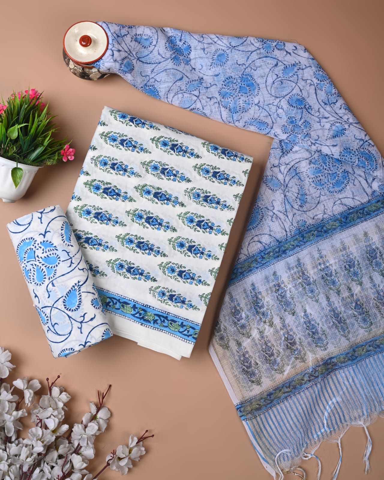 New Hand Block Print Cotton Suit With Kota Doria Dupatta