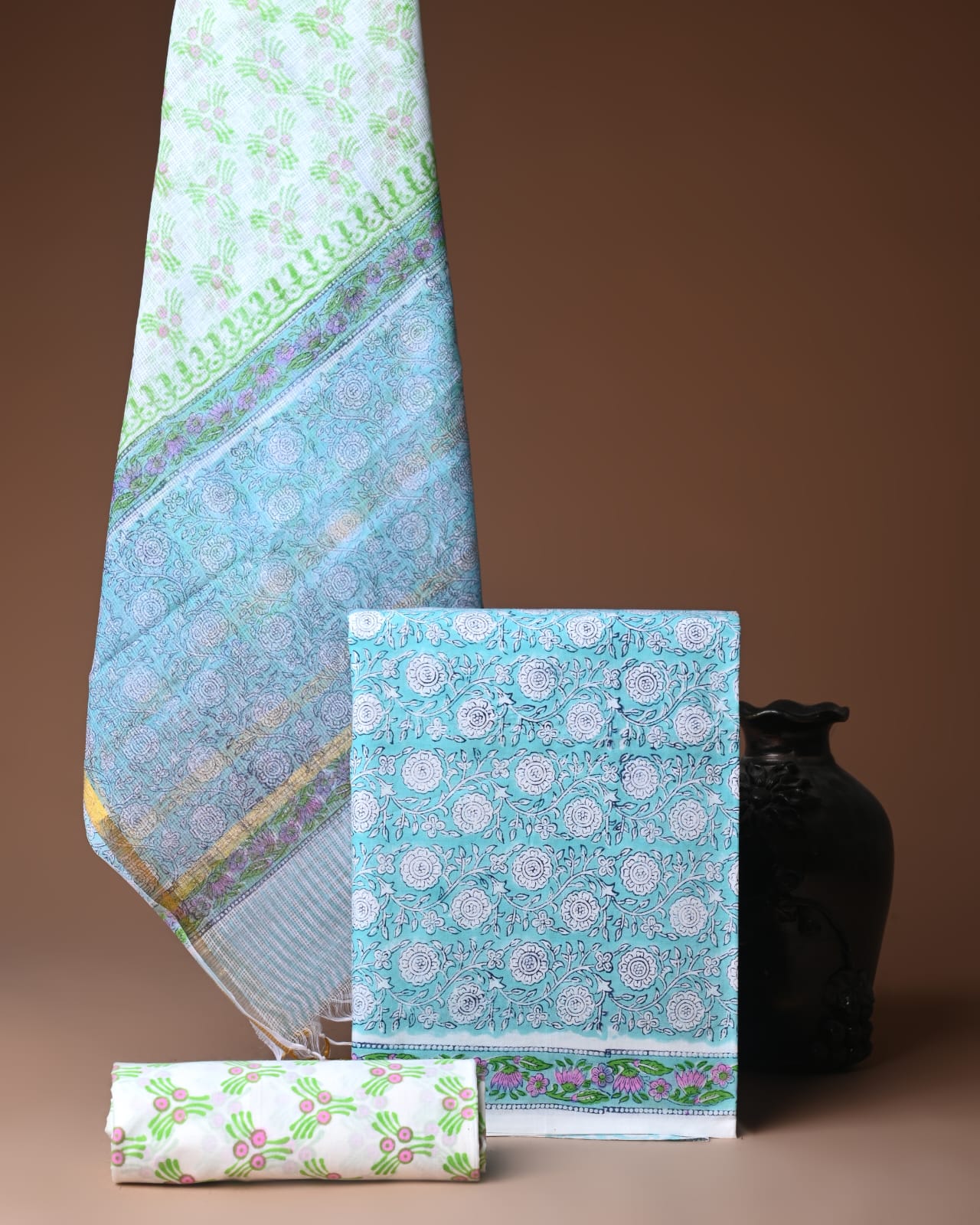 Hand Block Printed Cotton Suit With Kota Doria Dupatta