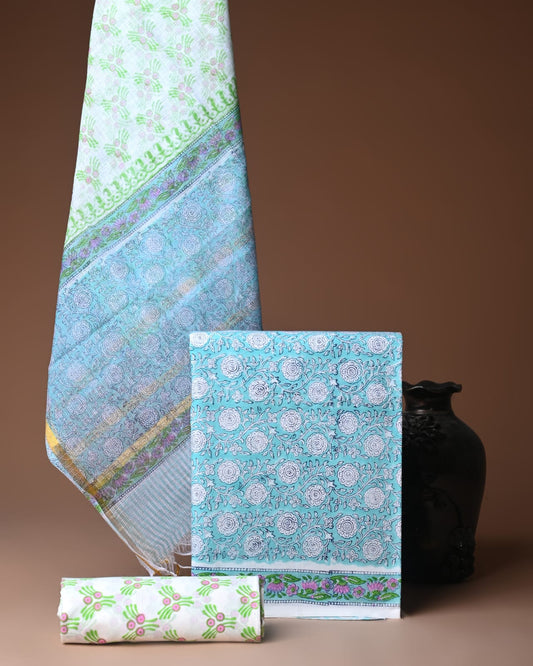 Hand Block Printed Cotton Suit With Kota Doria Dupatta