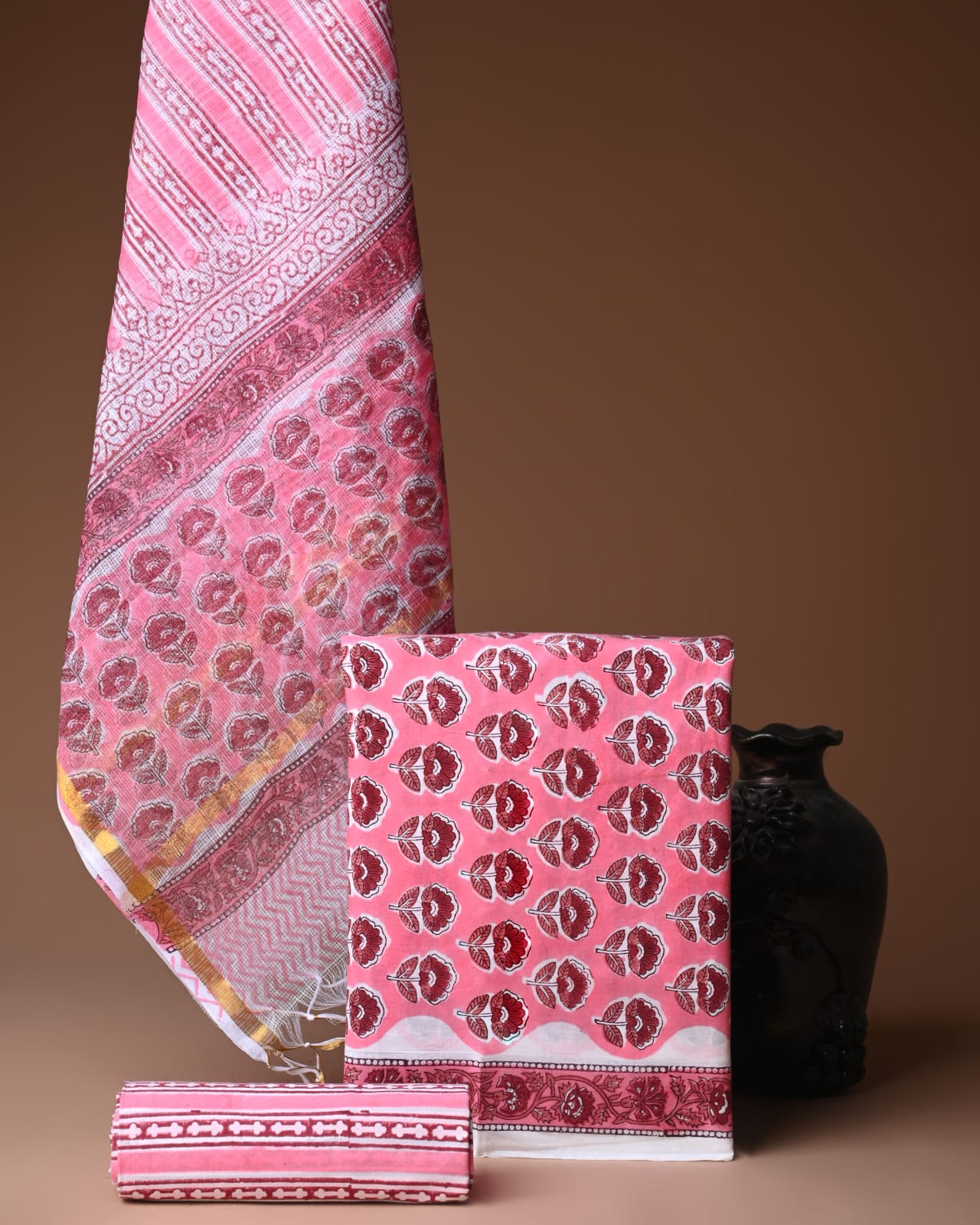 New Hand Block Printed Cotton Suit With Kota Doriya Dupatta