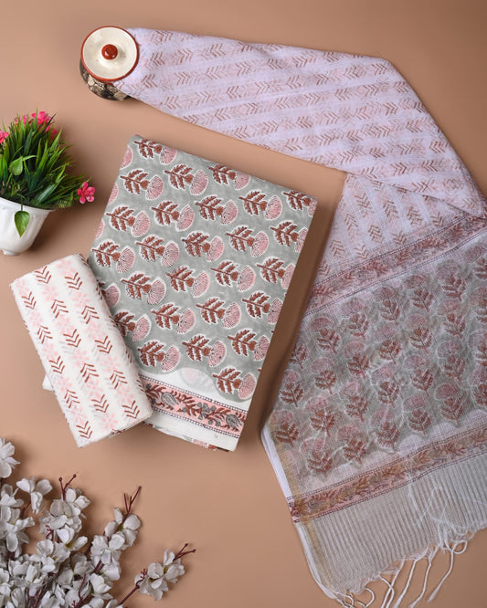 Hand Block Printed Organic Cotton Suit With Kota Doria Dupatta