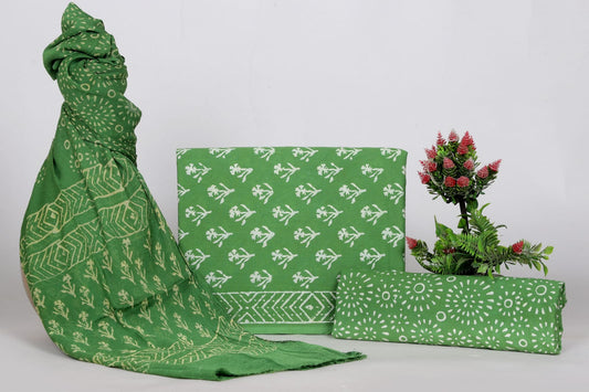 Green Hand Print Cotton Suit With Chiffon Dupatta (40)