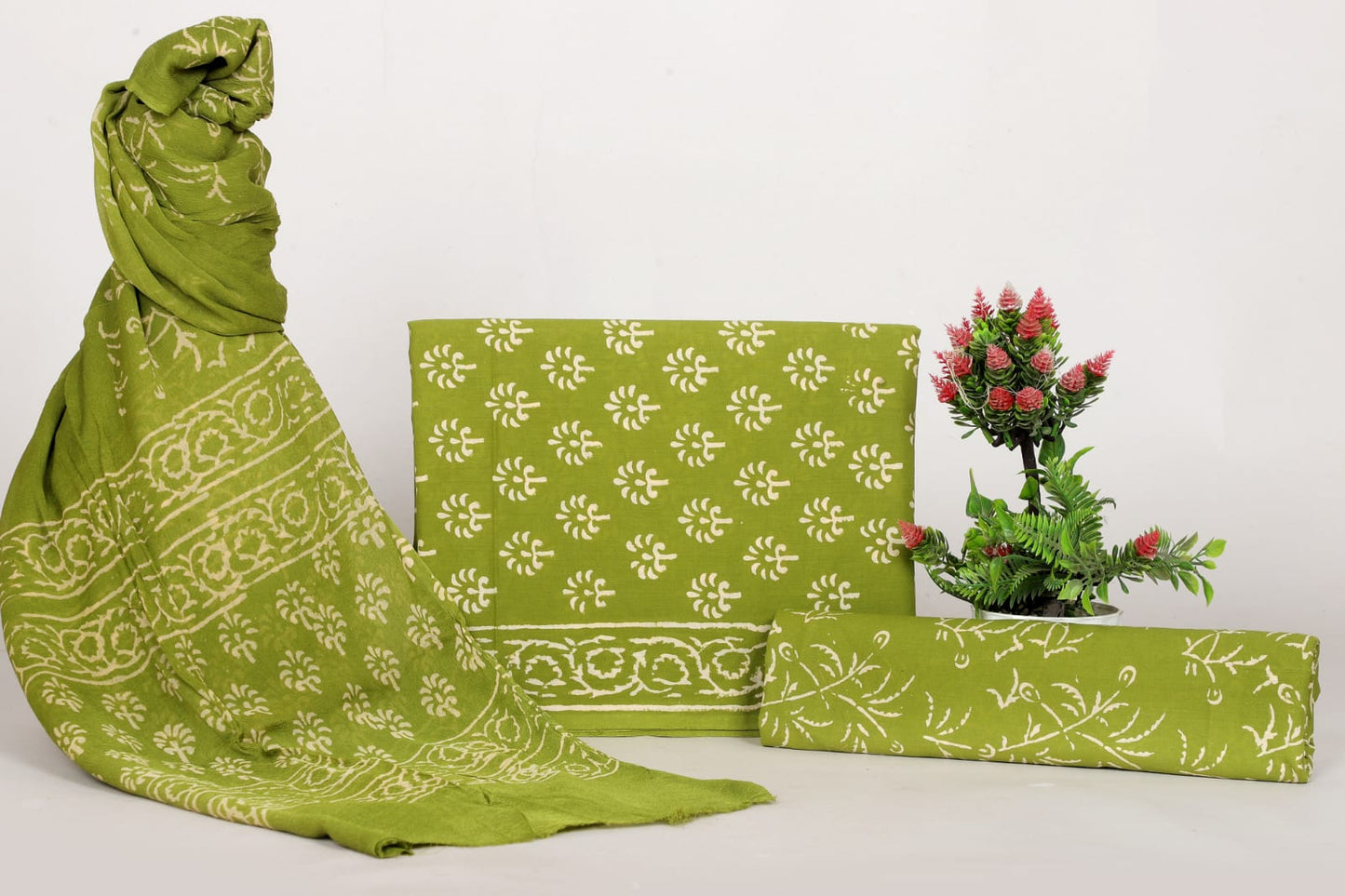 Saganeri Hand Block Print Cotton Suit With Chiffon Dupatta