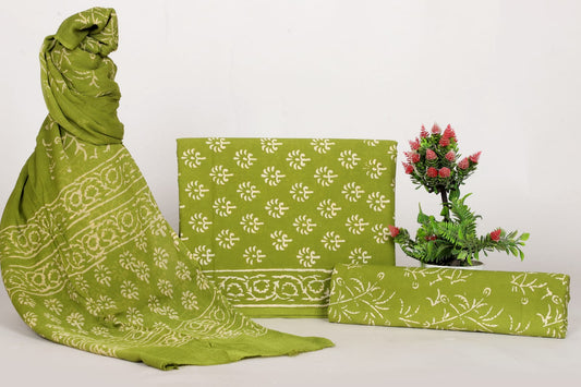 Saganeri Hand Block Print Cotton Suit With Chiffon Dupatta
