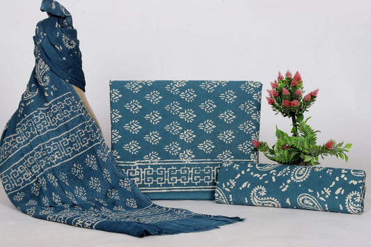 Bagru Hand Print Cotton Suit With Chiffon Dupatta