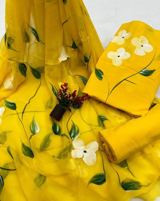 Yellow Hand Print Cotton Suit With Chiffon Dupatta
