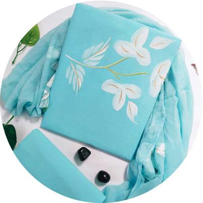 Aqua Blue Hand Print Cotton Suit With Chiffon Dupatta