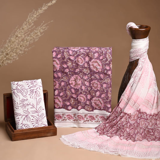 Hand Block Print Cotton Suit With Chiffon Dupatta