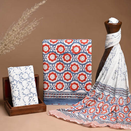 Hand Block Print Organic Cotton Suit With Chiffon Dupatta
